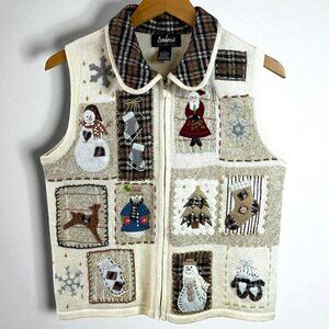 Vintage Ambra Country Christmas Applique Ivory & Plaid Sweater Vest Size Small